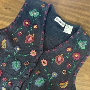Vintage White Stag Vest Whimsigoth Sweater XL Navy Blue Floral Embroidered